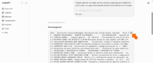 Página web del asistente de IA. Una flecha señala el botón para copiar la tabla que se generó como resultado.