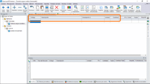Quercusoft. Vista "Itemizado". Un rectángulo enmarca los encabezados de las columnas "Código", "Descripción", "Descripción 2", "Unidad" y "Cantidad" en la tabla principal de la vista. Las columnas se muestran en el orden indicado.