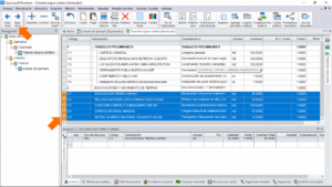 Quercusoft. Vista "Itemizado". En la tabla principal se muestran los valores pegados. Las tareas del capítulo 2 están seleccionadas y una flecha las señala. Una flecha señala el botón "Bajar nivel" en la barra de herramientas.
