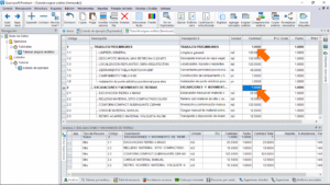 Quercusoft. Vista "Itemizado". En la tabla principal se muestra el desglose de capítulos y tareas. Unas flechas señalan las celdas de la columna "Cantidad" de los capítulos, en las que se ingresó el valor 1.