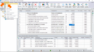 Quercusoft. Vista "Itemizado". En la barra de menú, se muestran unas flechas señalando el menú principal "Presupuesto" y el ítem "Tablero".