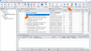 Quercusoft. Vista "Itemizado". En la tabla principal de la vista se muestra el desglose de capítulos y tareas. Una flecha señala la celda de la columna "Descripción" de la tarea "LIMPIEZA GENERAL", la cual está seleccionada. Una flecha señala el botón "Asignar análisis" en la barra de herramientas.