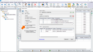 Quercusoft. Cuadro de diálogo "Asignar análisis". El panel "Configuración" está expandido. Una flecha señala la opción "Seleccionar siguiente tarea o recurso sin análisis" en el grupo de controles "Al seleccionar", la cual está seleccionada.