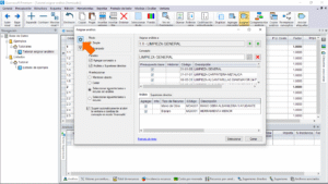 Quercusoft. Cuadro de diálogo "Asignar análisis". El panel "Configuración" está expandido. Una flecha señala el botón "Configuración", en el botón se muestra un icono, no el texto.