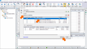 Quercusoft. Cuadro de diálogo "Asignar análisis". En el grupo de controles "Concepto", en el cuadro de texto de búsqueda se muestra el texto "LIMPIEZA GENERAL" y una flecha señala el cuadro de texto. En el grupo de controles "Concepto", en la tabla de resultados de búsqueda se muestran los resultados más relevantes, se señala con una flecha la celda "Descripción" del primer resultado, la cual tiene el texto "LIMPIEZA GENERAL". Una flecha señala el botón "Seleccionar" del cuadro de diálogo.