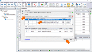 Quercusoft. Cuadro de diálogo "Asignar análisis". En el grupo de controles "Concepto", en el cuadro de texto de búsqueda se muestra el texto "DESCAPOTE MANUAL MAS RETIRO H= O.20 MTS" y una flecha señala el cuadro de texto. En el grupo de controles "Concepto", en la tabla de resultados de búsqueda se muestran los resultados más relevantes, se señala con una flecha la celda "Descripción" del primer resultado, la cual tiene el texto "DESCAPOTE MANUAL MAS RETIRO H= O.20 MTS". Una flecha señala el botón "Seleccionar" del cuadro de diálogo.