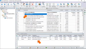 Quercusoft. Vista "Itemizado". En la tabla principal de la vista, una flecha señala la celda de la columna "Descripción" de la tarea "LIMPIEZA GENERAL". En el panel "Análisis" de la vista, una flecha señala los registros del análisis de la tarea seleccionada en la tabla principal.