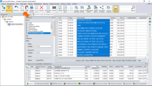 Quercusoft. Vista "Explorador". En la tabla principal de la vista se muestran los resultados de la búsqueda. Las celdas de la columna "Descripción" están seleccionadas y una flecha señala el botón "Copiar" en la barra de herramientas.