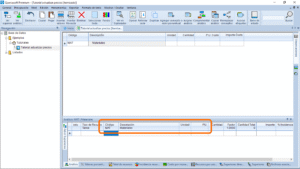 Quercusoft. Vista "Itemizado". Panel "Análisis". Un rectángulo enmarca los encabezados de las columnas "Código", "Descripción", "Unidad" y "P.U." en la tabla del panel. Las columnas se muestran en el orden indicado.