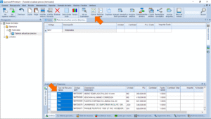Quercusoft. Vista "Itemizado". Panel "Análisis". Todas las celdas de la columna "Tipo de recurso" están seleccionadas y una flecha las señala. Una flecha señala el botón "Operar" en la barra de herramientas.