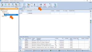 Quercusoft. Una flecha señala el presupuesto "Tutorial actualizar precios" en el panel "Navegación". Una flecha señala el botón "Duplicar" en la barra de herramientas.