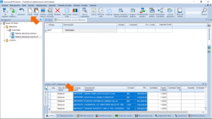 Quercusoft. Vista "Itemizado". Panel "Análisis". Todas las celdas de las columnas "Código", "Descripción", "Unidad" y "P.U.", que están en ese orden, están seleccionadas y una flecha las señala. Una flecha señala el botón "Copiar" en la barra de herramientas.