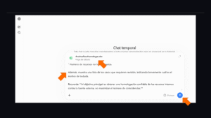 Asistente de IA. Se muestra el prompt pegado y el archivo adjunto. Se muestran flechas señalando el archivo adjunto, el prompt y el botón para ejecutar el prompt.