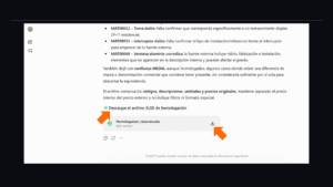 Asistente de IA. Se muestra la parte inferior del informe de la ejecución del prompt. Se muestran los enlaces para descargar el archivo XLSX (Excel) generado y unas flechas las señalan.