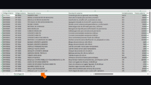 Software de hojas de cálculo. Archivo generado con el asistente de IA. Se muestra la tabla con los recursos homologados. Se muestran seleccionadas todas las celdas con valores (sin los títulos) de las columnas "Código interno", "Código externo", "Descripción interna", "Descripción externa", "Unidad externa", "Precio externo" las cuales aparecen en dicho orden.