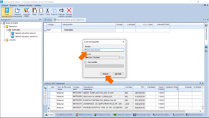 Quercusoft. Cuadro de diálogo "Crear presupuesto". Una flecha señala el cuadro de texto donde se indica el nombre del nuevo presupuesto. En el cuadro de texto se muestra el texto "Precios actualizados". Una flecha señala el botón "Aceptar".