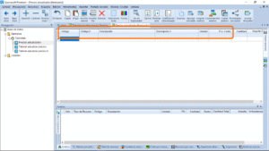 Quercusoft. Vista "Itemizado". Un rectángulo enmarca los encabezados de las columnas "Código", "Código 2", "Descripción", "Descripción 2", "Unidad" y "P.U. Costo" en la tabla principal de la vista. Las columnas se muestran en el orden indicado.