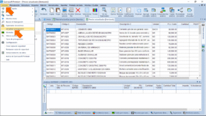 Quercusoft. Unas flechas señalan en la barra de menú, el menú principal "General" y el ítem "Actualizar presupuesto".