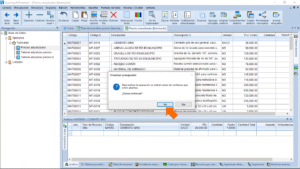 Quercusoft. Cuadro de diálogo de confirmación indicando que si se continua, se van a cerrar las ventanas abiertas (vistas de presupuestos). Una flecha señala el botón "Sí".