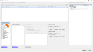 Quercusoft. Cuadro de diálogo "Actualizar presupuesto". Una flecha señala el botón "Seleccionar conceptos".