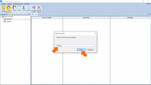 Quercusoft. Cuadro de diálogo "Nuevo proyecto". Una flecha señala el cuadro de texto donde se indica el nombre del nuevo proyecto. En el cuadro de texto se muestra el texto "Tutoriales". Una flecha señala el botón "Aceptar".