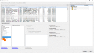Quercusoft. Cuadro de diálogo "Actualizar presupuesto". Una flecha señala en la lista "Datos" la opción "Precio" la cual está seleccionada.
