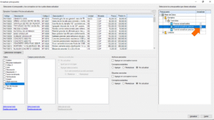 Quercusoft. Cuadro de diálogo "Actualizar presupuesto". En la lista de presupuestos a actualizar, una flecha señala el presupuesto "Tutorial actualizar precios", el cual está seleccionado.