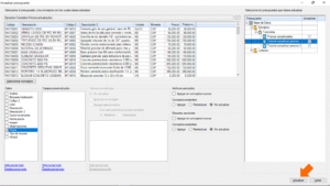 Quercusoft. Cuadro de diálogo "Actualizar presupuesto". Una flecha señala el botón "Actualizar".