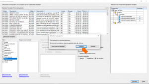 Quercusoft. Cuadro de diálogo "Actualizar presupuesto". Cuadro de diálogo auxiliar de confirmación indicando que no se puede deshacer la operación y que se recomienda crear un respaldo de la información. Una flecha señala el botón "Continuar".