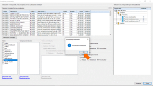 Quercusoft. Cuadro de diálogo "Actualizar presupuesto". Cuadro de mensaje indicando que se finalizó la actualización. Una flecha señala el botón "Aceptar".
