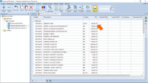 Quercusoft. Vista "Recursos". Una flecha señala el listado de recursos con los precios actualizados.