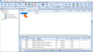 Quercusoft. Vista "Itemizado". Una flecha señala la celda de la columna "Código" en la primera fila de la tabla principal.