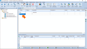 Quercusoft. Vista "Itemizado". Una flecha señala la celda de la columna "Código" de la segunda fila de la tabla principal. En la celda se muestra el valor "Actualización".