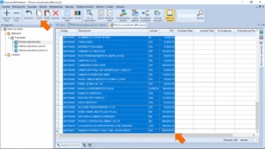 Quercusoft. Vista "Recursos". Se muestran seleccionadas las celdas de todos los materiales correspondientes a las columnas "Código", "Descripción", "Unidad" y "P.U.". Una flecha señala el rango de celdas seleccionado. Una flecha señala el botón "Copiar" en la barra de herramientas.