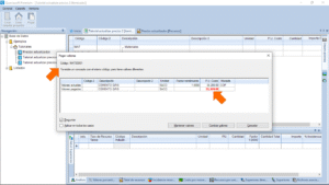 Quercusoft. Vista "Itemizado". Panel "Análisis". Cuadro de diálogo auxiliar de "Pegar valores" en el que se indica que ya existe un concepto con el código pegado. En la tabla de comparación de valores actuales y valores pegados una flecha señala el precio en la fila de valores pegados, la fuente de la celda es de color rojo indicando que hay una diferencia.