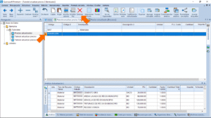 Quercusoft. Vista "Itemizado". Una flecha señala la segunda fila de la tabla principal, la cual está seleccionada. Una flecha señala el botón "Eliminar".