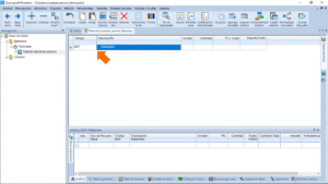 Quercusoft. Vista "Itemizado". Una flecha señala la primera fila de la tabla principal, la cual tiene unos datos de ejemplo ingresados. En la celda "Código" se muestra el texto "MAT" y en la celda "Descripción" se muestra el texto "Materiales".