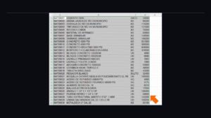 Software de hojas de cálculo. Archivo "EjemploListadoInterno.xlsx". Se muestra la hoja de cálculo con el listado de materiales que se va a utilizar como ejemplo de listado interno de recursos. Las celdas de todos los valores están seleccionadas.