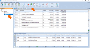 Quercusoft. Una flecha señala el presupuesto “Ejemplo” en el panel “Navegación” y otra flecha señala el botón “Exportar a XLSX” en la barra de herramientas.