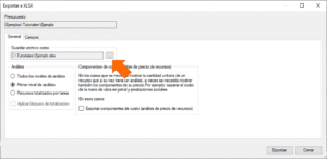 Quercusoft. Cuadro de diálogo “Exportar a XLSX”. Pestaña “General”. Una flecha señala el botón para abrir el cuadro de diálogo “Guardar como”, donde se especifica el nombre y la ubicación del archivo.