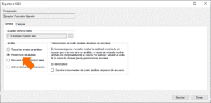 Quercusoft. Cuadro de diálogo “Exportar a XLSX”. Pestaña “General”. Una flecha señala la opción “Primer nivel de análisis”.