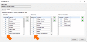 Quercusoft. Cuadro de diálogo “Exportar a XLSX”. Pestaña “Columnas”. Unas flechas señalan las listas de selección de campos de “Conceptos” y “Relaciones”.