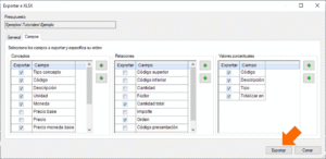Quercusoft. Cuadro de diálogo “Exportar a XLSX”. Una flecha señala el botón “Exportar”.