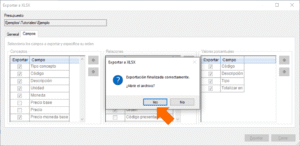 Quercusoft. Cuadro de diálogo “Exportar a XLSX”. Aparece un cuadro de diálogo que avisa “Exportación finalizada correctamente” y pregunta si se desea abrir el archivo. Una flecha señala el botón “Sí”.