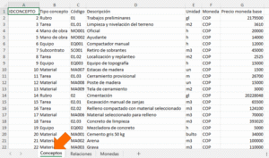Hoja de cálculo. Se muestra la hoja “Conceptos” con los datos exportados. Una flecha señala la pestaña de la hoja.