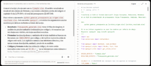 Asistente de IA. Se muestra el resultado de la ejecución del prompt. La vista aparece dividida en dos partes. A la izquierda se muestra el inicio del resumen de la ejecución. A la derecha se muestra el script generado.