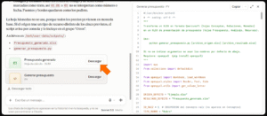 Asistente de IA. Se muestra el resultado de la ejecución del prompt. La vista aparece dividida en dos partes. A la izquierda se muestra el final del resumen de la ejecución, con el archivo XLSX y el archivo del script que se generaron, y una flecha que señala el botón para descargar el archivo XLSX. A la derecha se muestra el script generado.