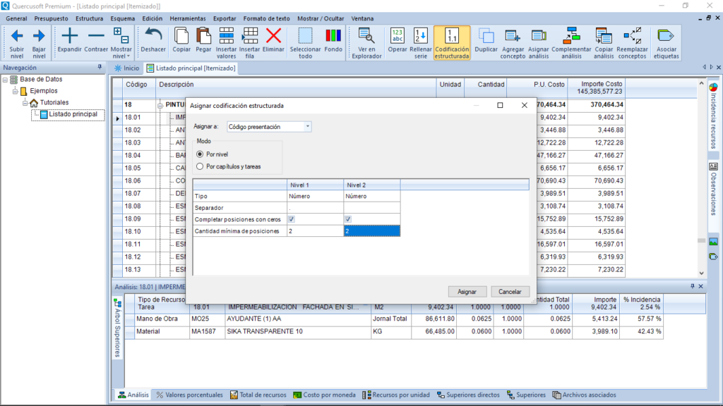 Vista Itemizado de Quercusoft con el cuadro "Asignar codificación estructurada" abierto.